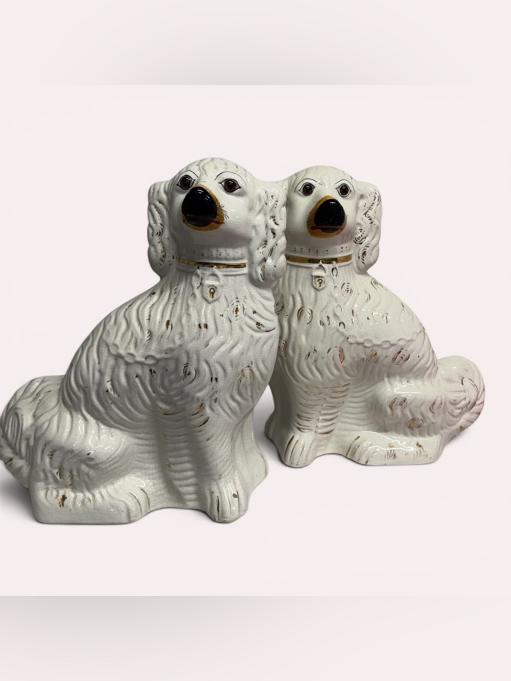 19th-century white Staffordshire spaniel mantle dog figurines White Gold Accents